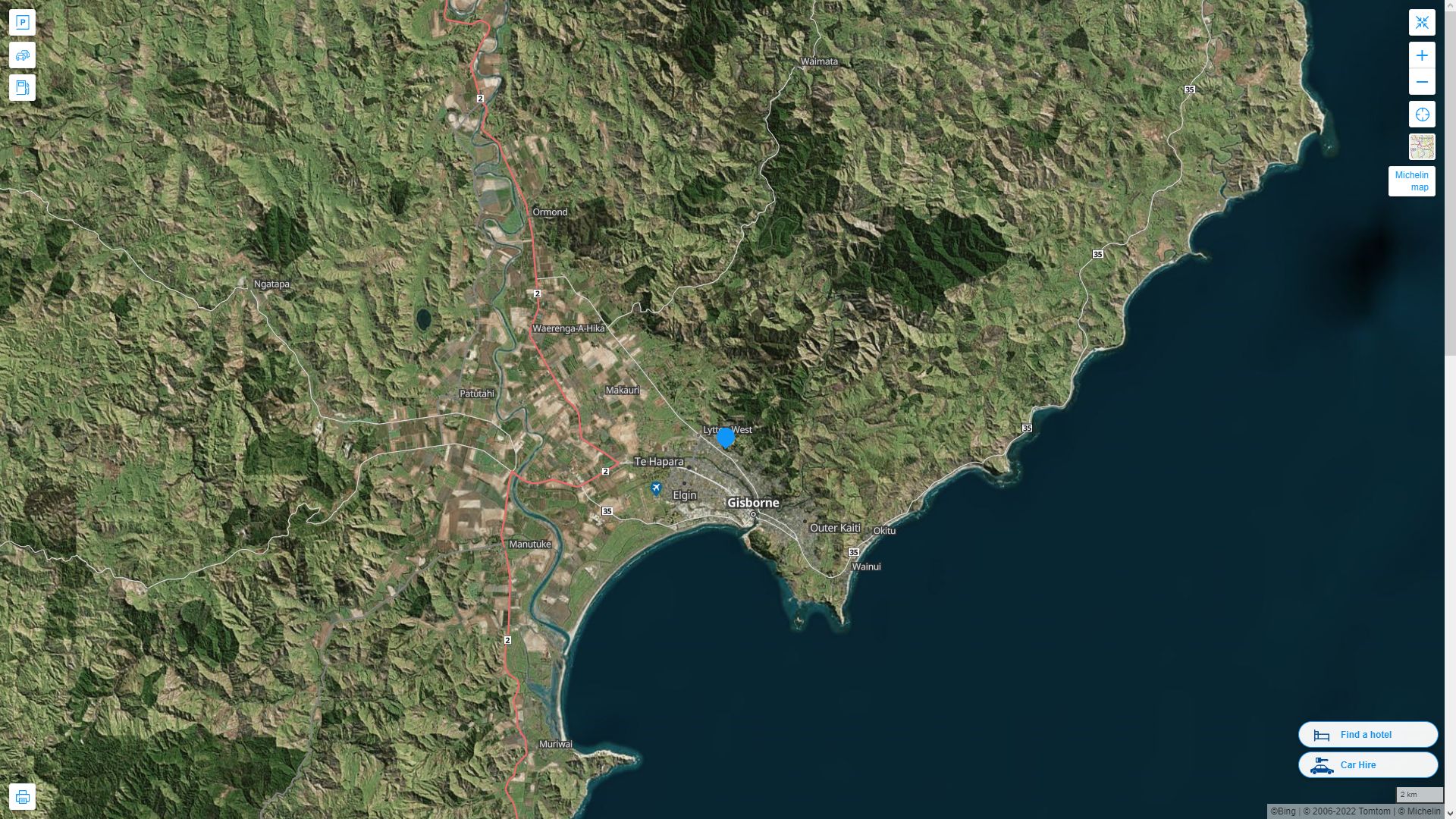 Gisborne Nouvelle Zelande Autoroute et carte routiere avec vue satellite